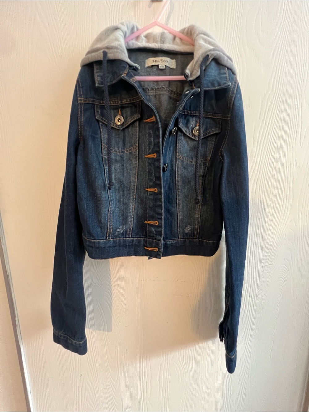 Denim Hooded Jacket in Dark Blue with Gray Hood